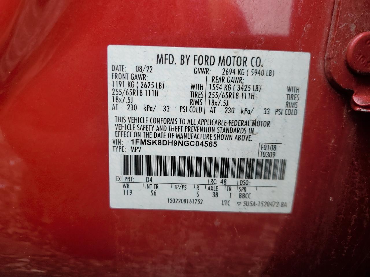 2022 Ford Explorer Xlt VIN: 1FMSK8DH9NGC04565 Lot: 55523065