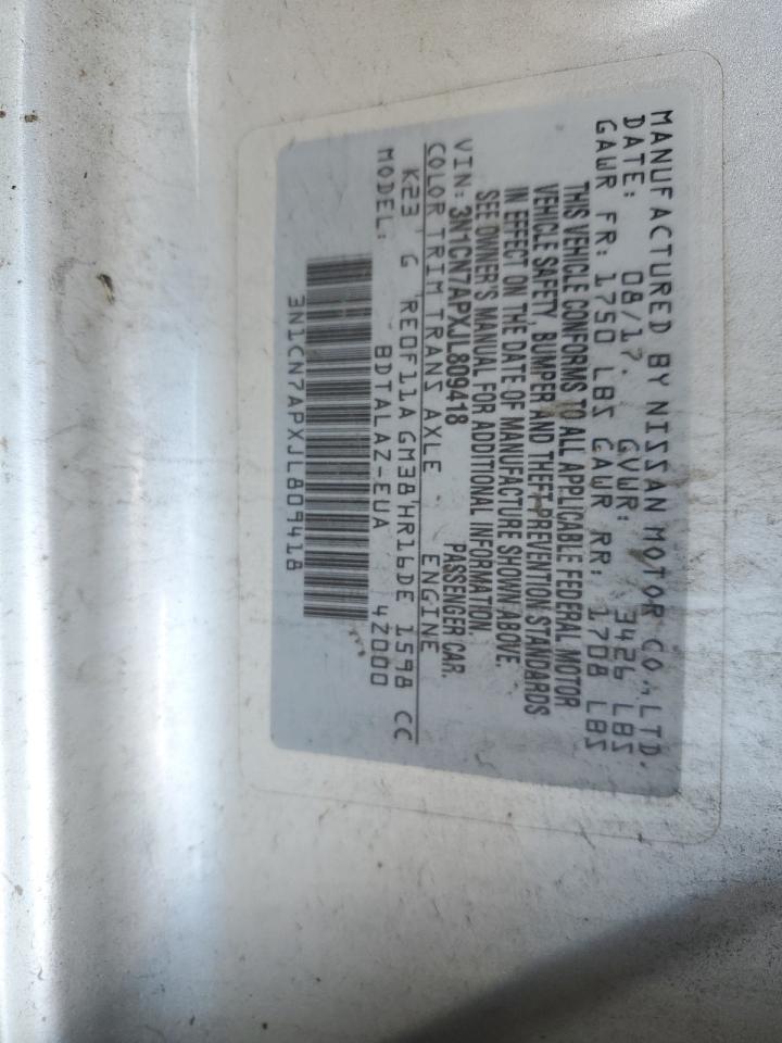 2018 Nissan Versa S VIN: 3N1CN7APXJL809418 Lot: 56818495