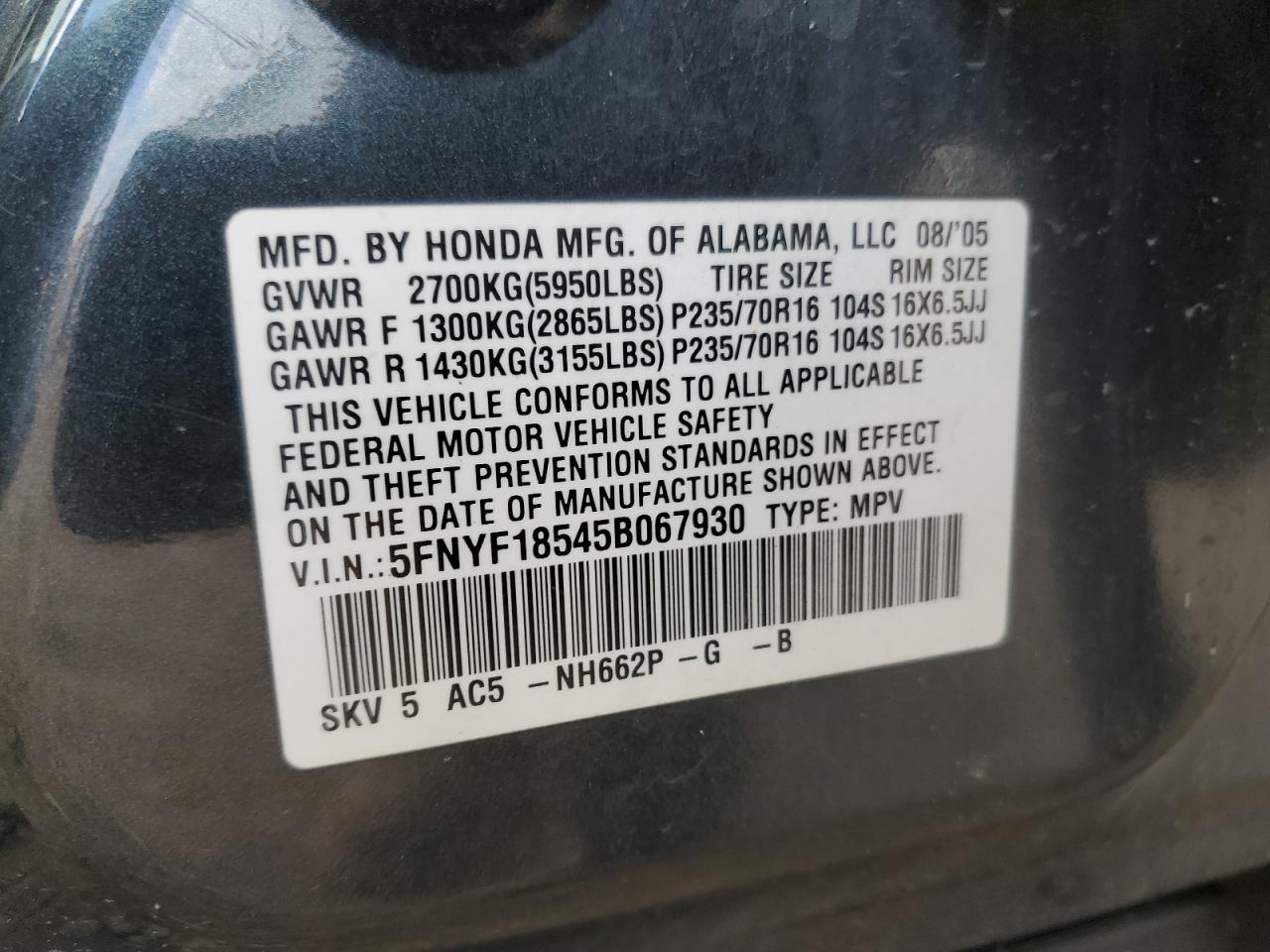 2005 Honda Pilot Exl VIN: 5FNYF18545B067930 Lot: 56586315