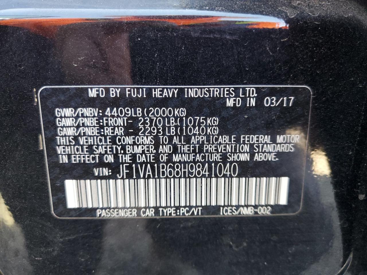 2017 Subaru Wrx VIN: JF1VA1B68H9841040 Lot: 57873975