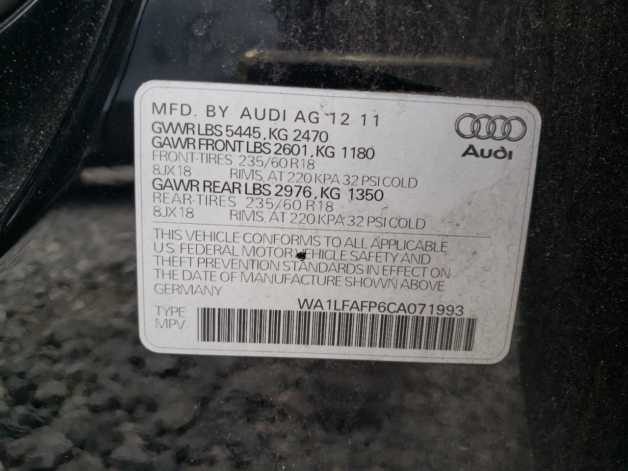 2012 Audi Q5 Premium Plus VIN: WA1LFAFP6CA071993 Lot: 57382565
