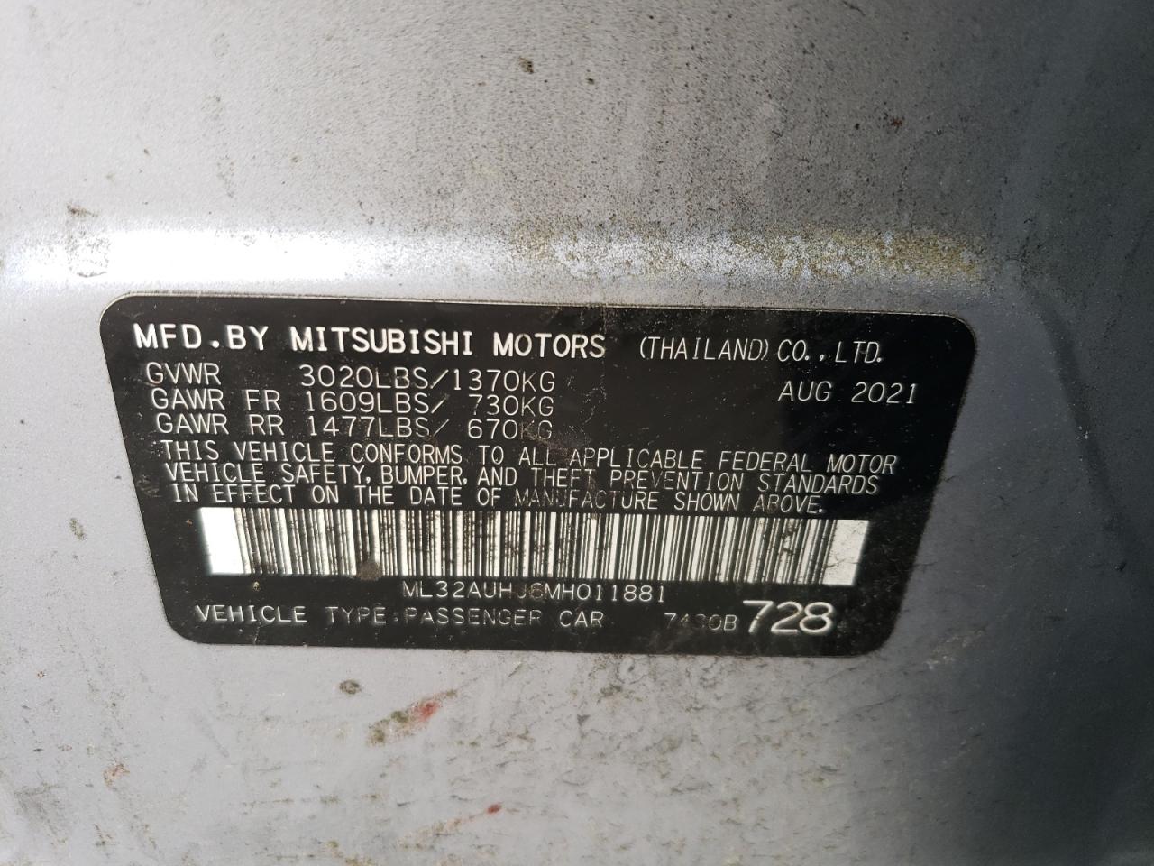 2021 Mitsubishi Mirage Es VIN: ML32AUHJ6MH011881 Lot: 56218575