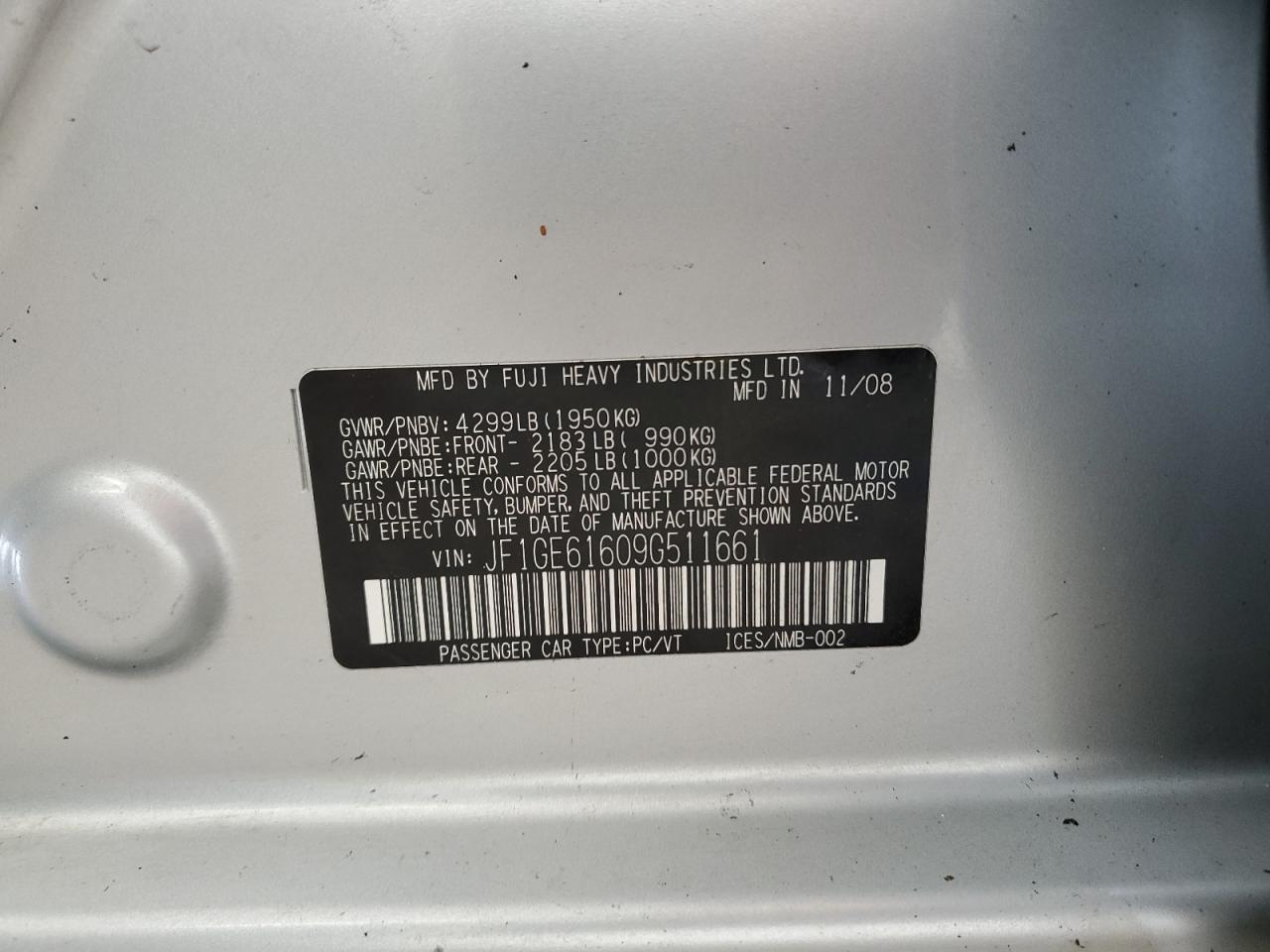 2009 Subaru Impreza 2.5I VIN: JF1GE61609G511661 Lot: 55879165