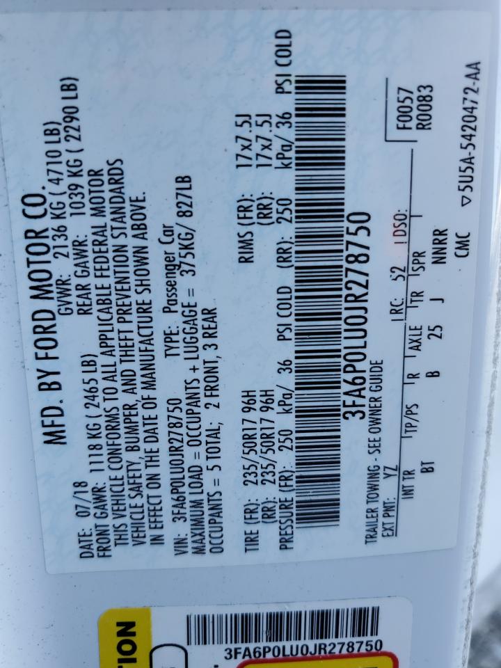 2018 Ford Fusion Se Hybrid VIN: 3FA6P0LU0JR278750 Lot: 54039345