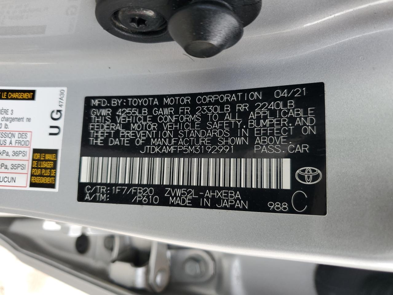 2021 Toyota Prius Prime Le VIN: JTDKAMFP5M3192991 Lot: 56768095