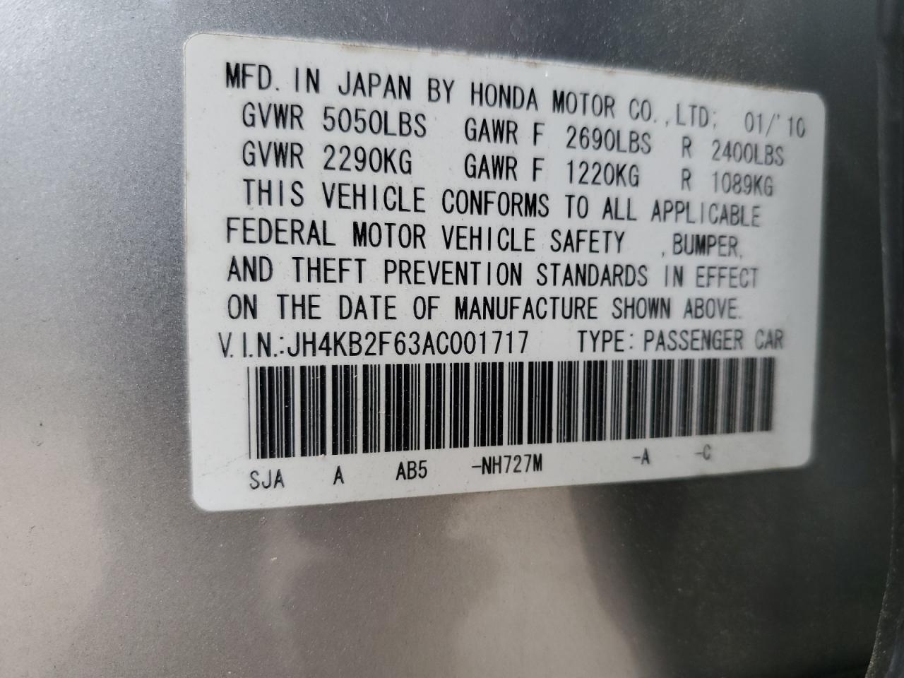 2010 Acura Rl VIN: JH4KB2F63AC001717 Lot: 53262755