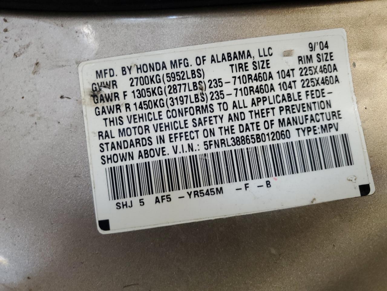 2005 Honda Odyssey Touring VIN: 5FNRL38865B012060 Lot: 56576065