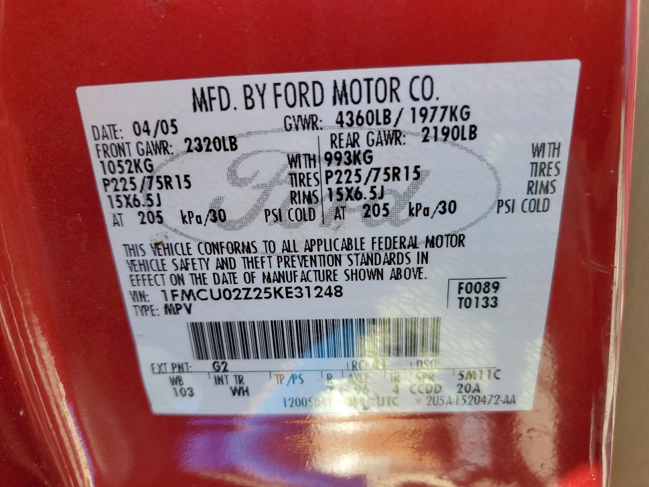 2005 Ford Escape Xls VIN: 1FMCU02Z25KE31248 Lot: 57174225