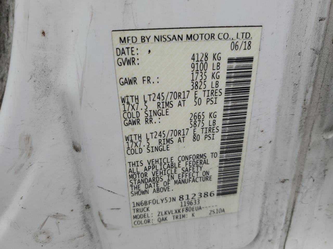 2018 Nissan Nv 2500 S VIN: 1N6BF0LY5JN812386 Lot: 60942735