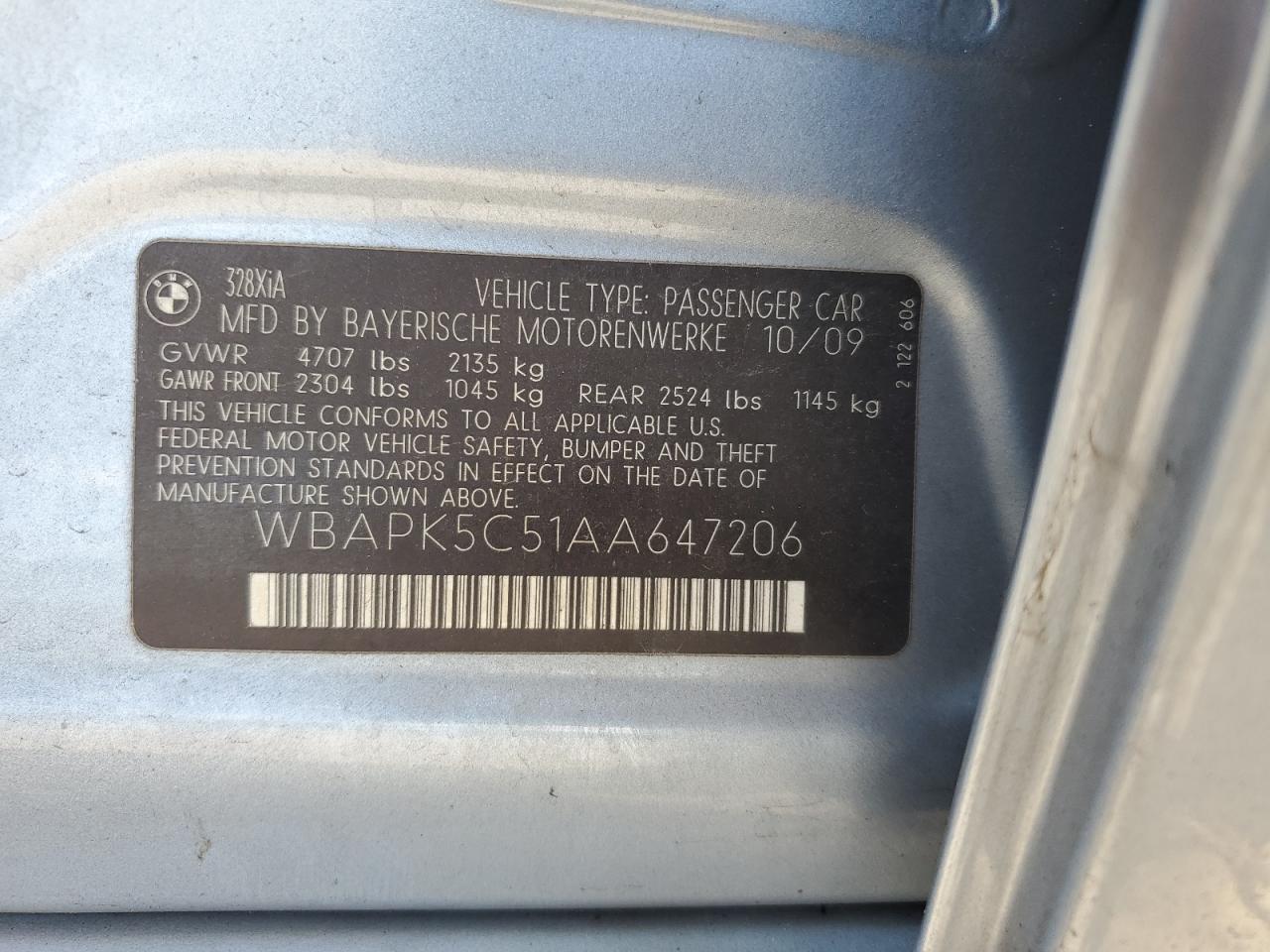 2010 BMW 328 Xi Sulev VIN: WBAPK5C51AA647206 Lot: 52139085
