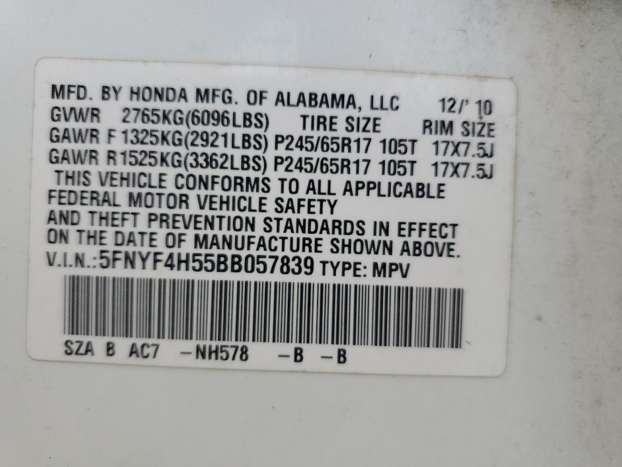 2011 Honda Pilot Exl VIN: 5FNYF4H55BB057839 Lot: 56884725