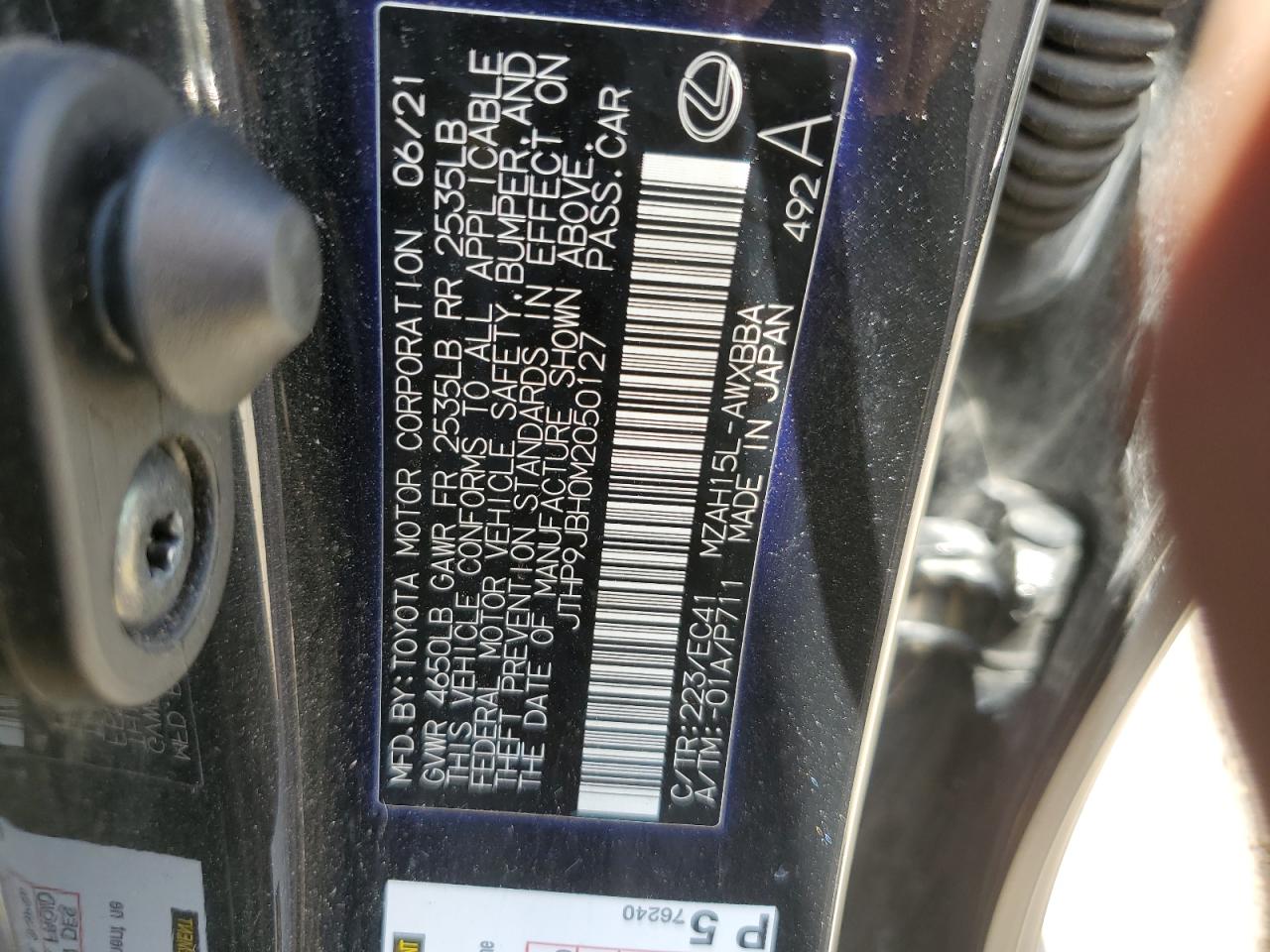 2021 Lexus Ux 250H VIN: JTHP9JBH0M2050127 Lot: 58066875