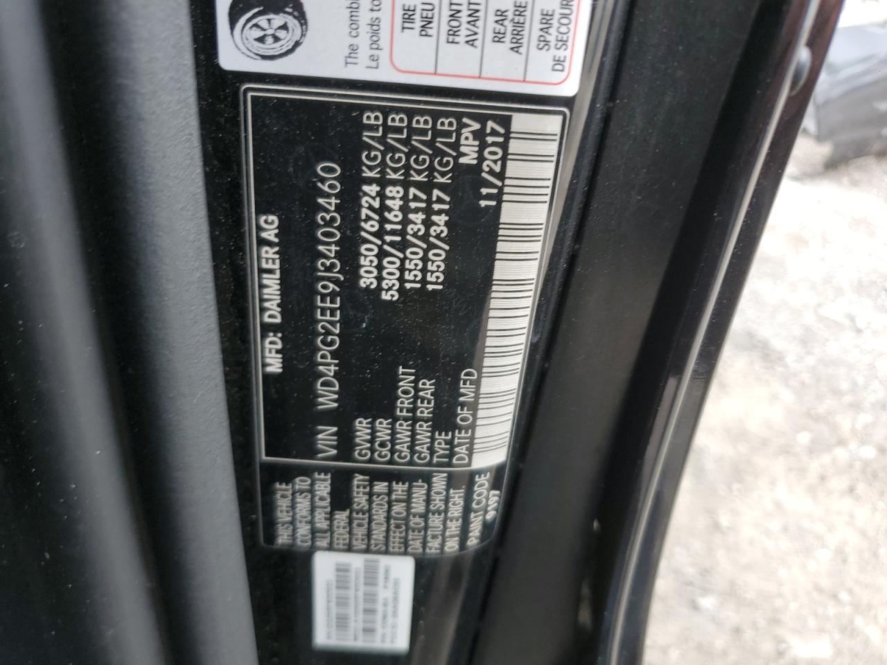 2018 Mercedes-Benz Metris VIN: WD4PG2EE9J3403460 Lot: 55995825