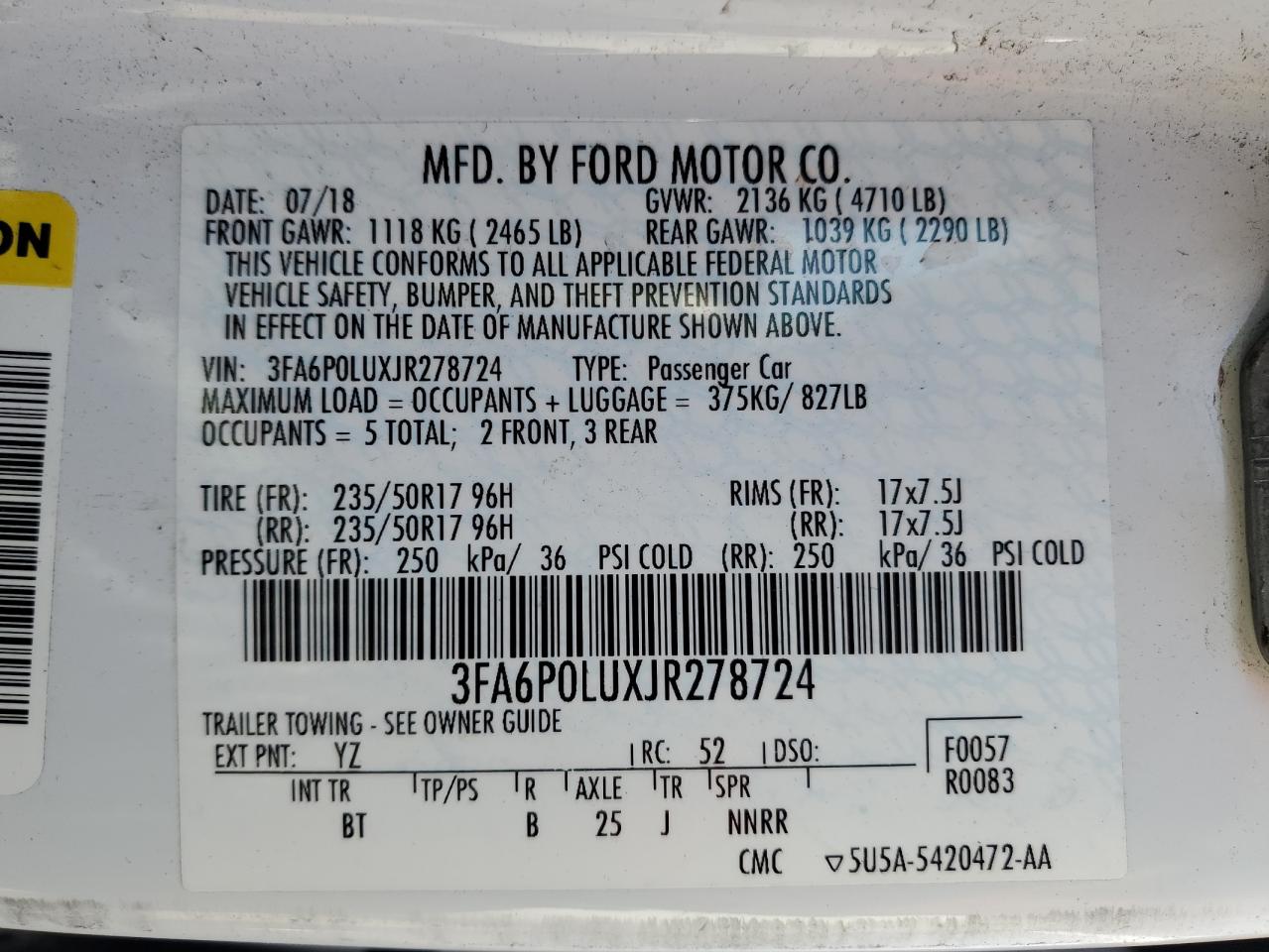 2018 Ford Fusion Se Hybrid VIN: 3FA6P0LUXJR278724 Lot: 54025485