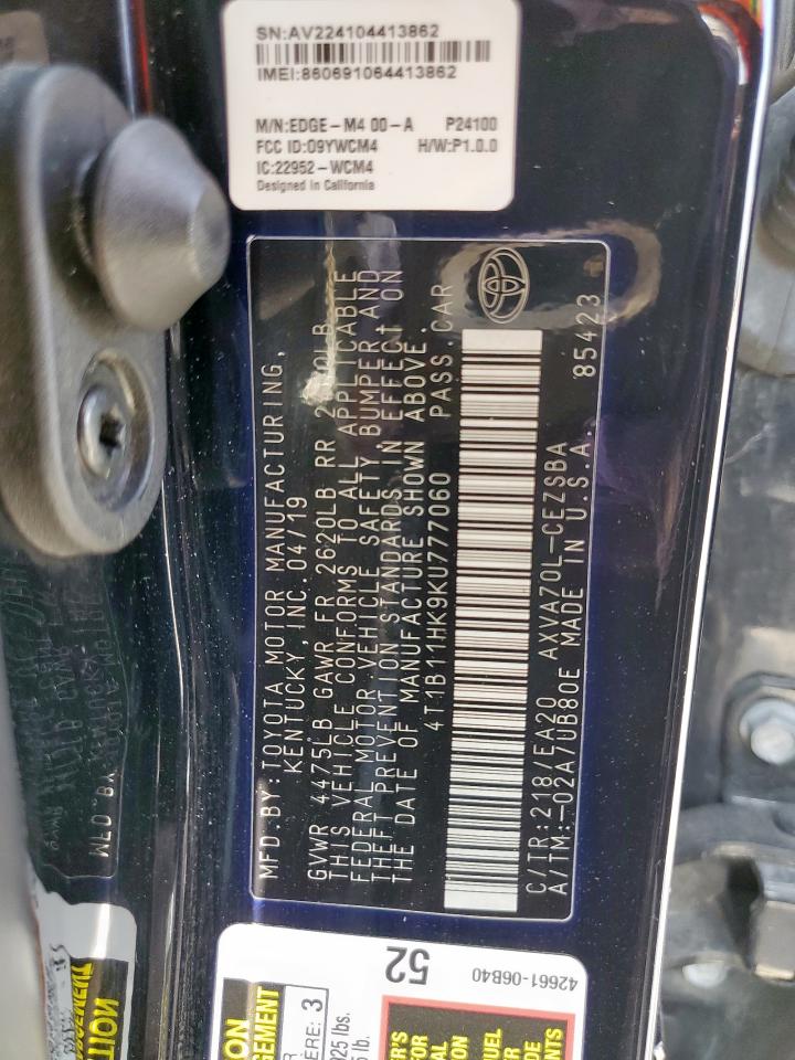 2019 Toyota Camry L VIN: 4T1B11HK9KU777060 Lot: 57878255