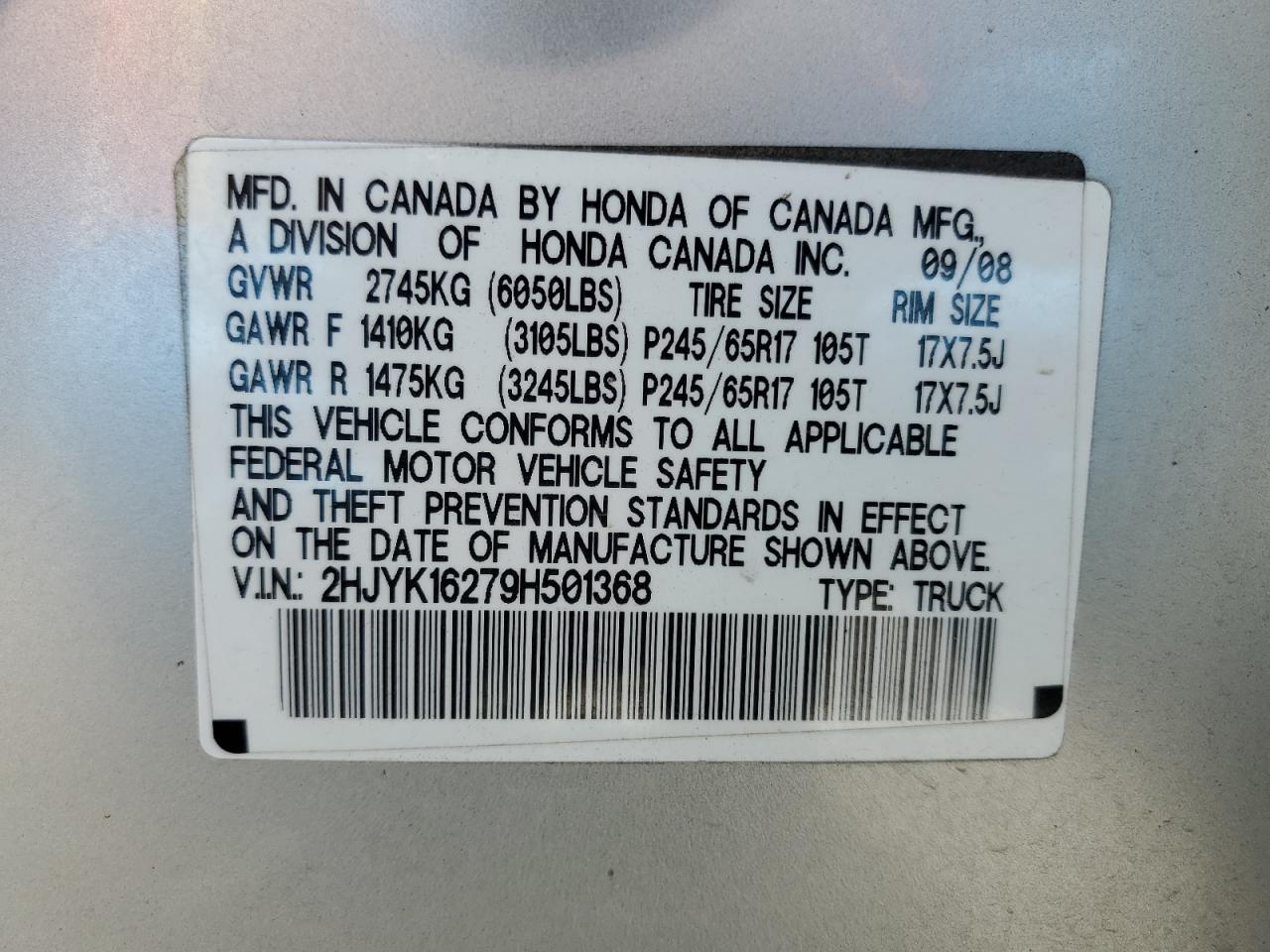 2009 Honda Ridgeline Rt VIN: 2HJYK16279H501368 Lot: 57087995