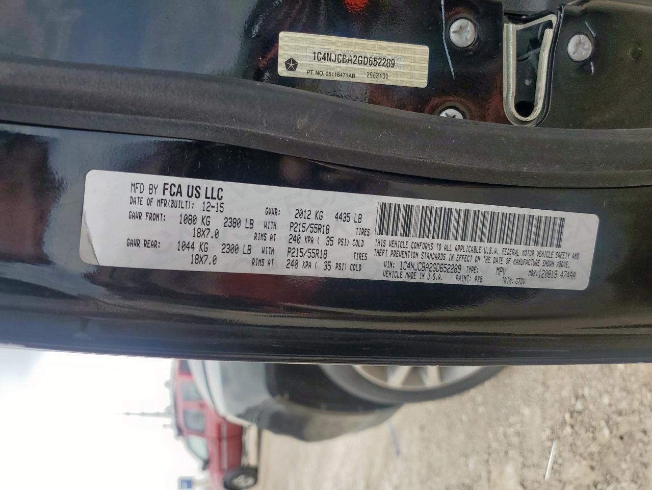 2016 Jeep Compass Sport VIN: 1C4NJCBA2GD652289 Lot: 57210435