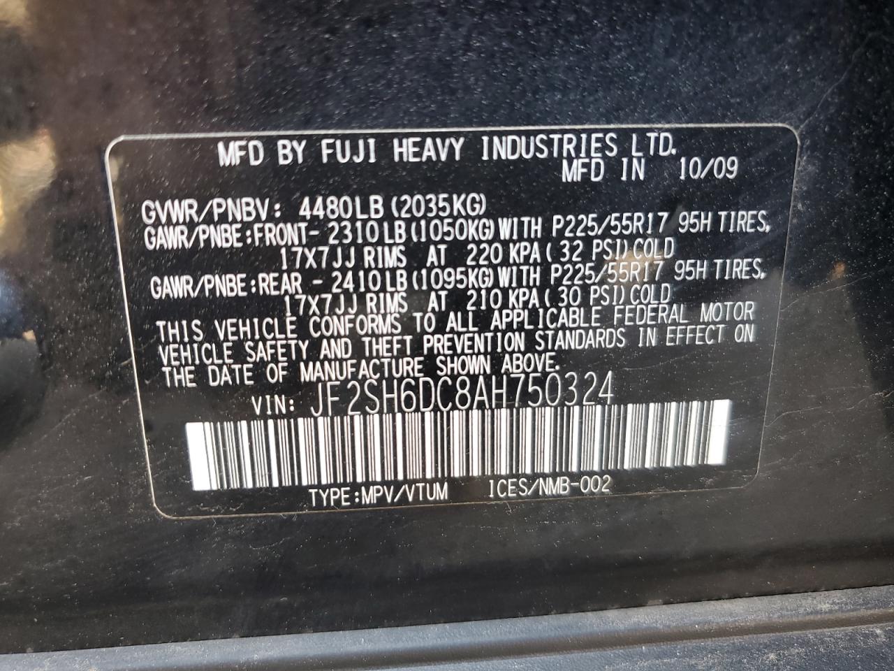 2010 Subaru Forester 2.5X Limited VIN: JF2SH6DC8AH750324 Lot: 57360775