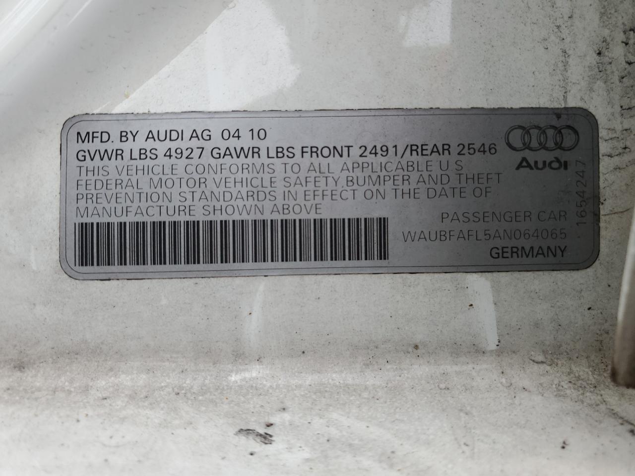 2010 Audi A4 Premium VIN: WAUBFAFL5AN064065 Lot: 57350375
