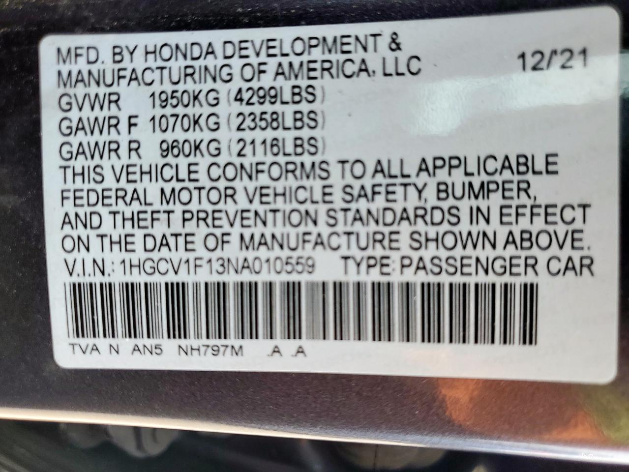 2022 Honda Accord Lx VIN: 1HGCV1F13NA010559 Lot: 57327125