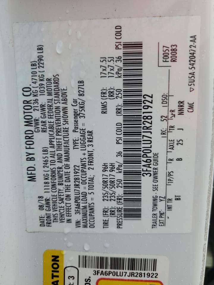 2018 Ford Fusion Se Hybrid VIN: 3FA6P0LU7JR281922 Lot: 54039515