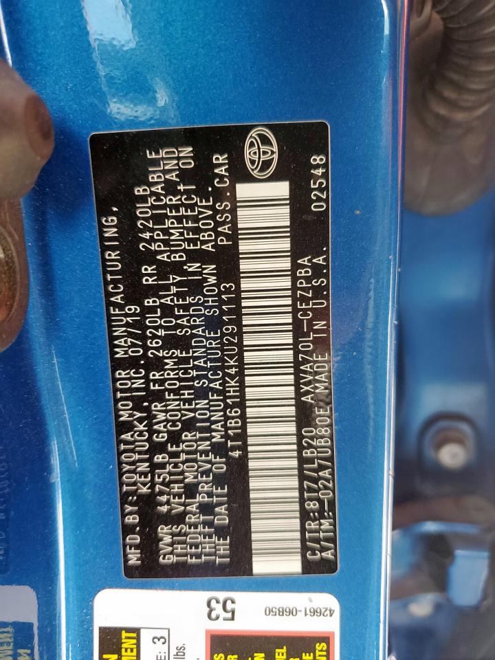 2019 Toyota Camry Xse VIN: 4T1B61HK4KU291113 Lot: 57040485