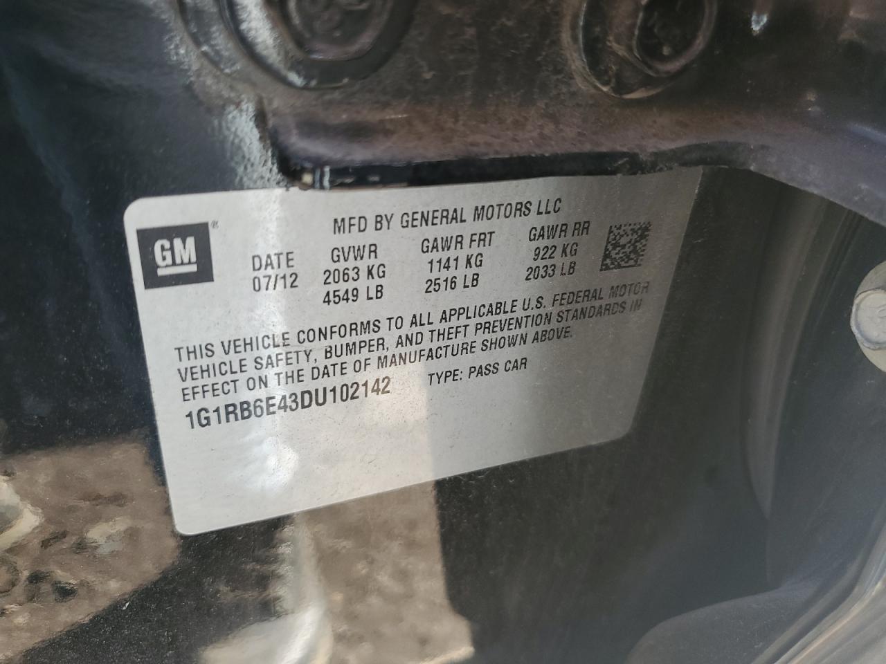 2013 Chevrolet Volt VIN: 1G1RB6E43DU102142 Lot: 57206325