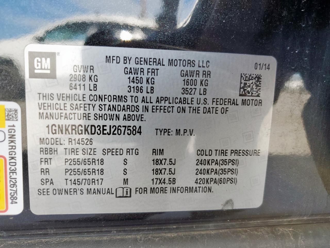 2014 Chevrolet Traverse Lt VIN: 1GNKRGKD3EJ267584 Lot: 58088415