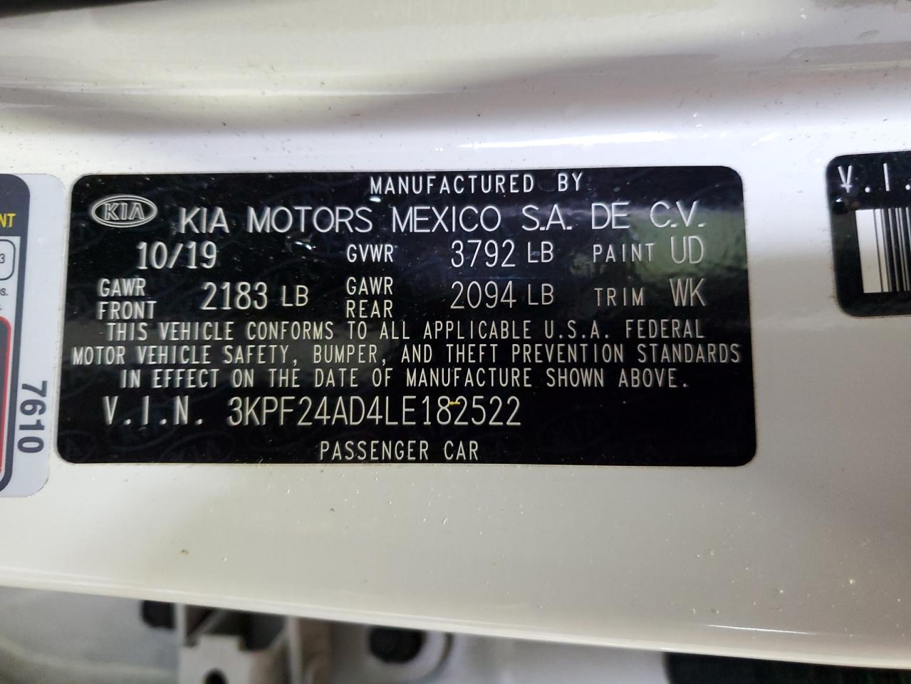 2020 Kia Forte Fe VIN: 3KPF24AD4LE182522 Lot: 55978225