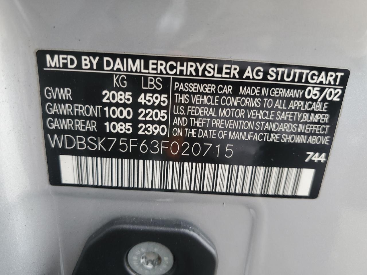 2003 Mercedes-Benz Sl 500R VIN: WDBSK75F63F020715 Lot: 55695695