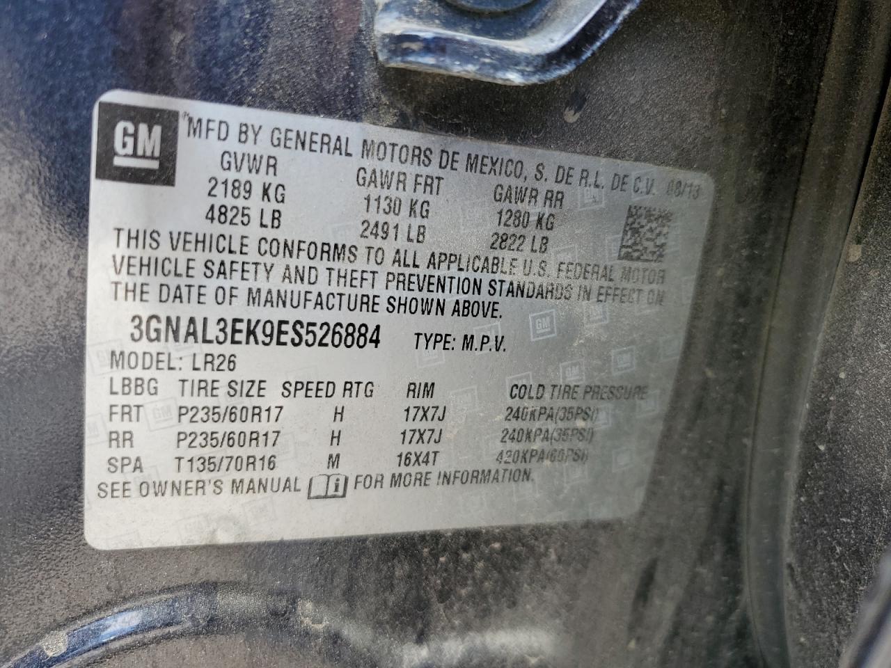 2014 Chevrolet Captiva Lt VIN: 3GNAL3EK9ES526884 Lot: 56917735