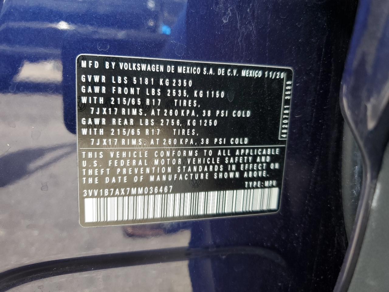 2021 Volkswagen Tiguan S VIN: 3VV1B7AX7MM036467 Lot: 56992555