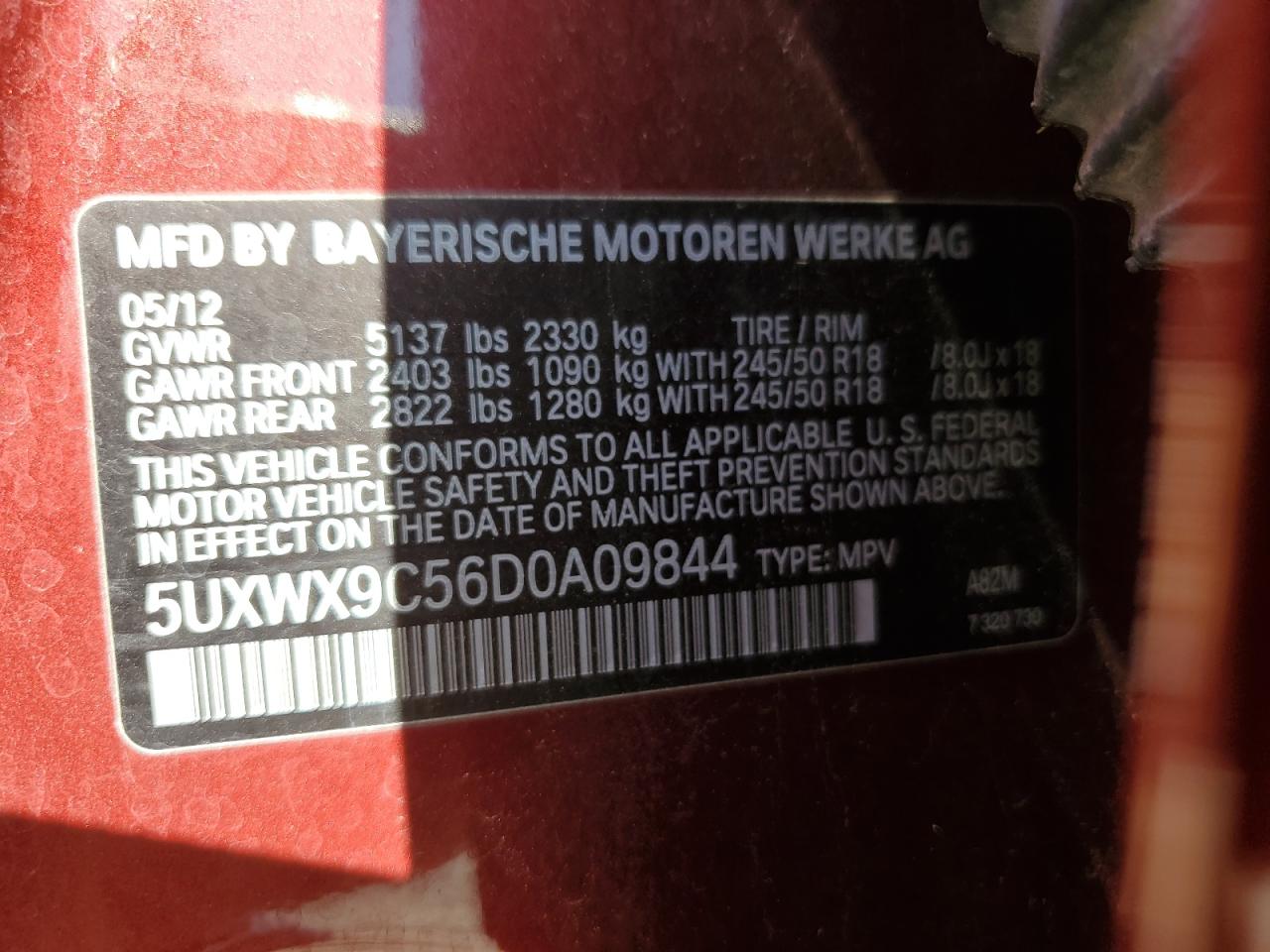 2013 BMW X3 xDrive28I VIN: 5UXWX9C56D0A09844 Lot: 63450165