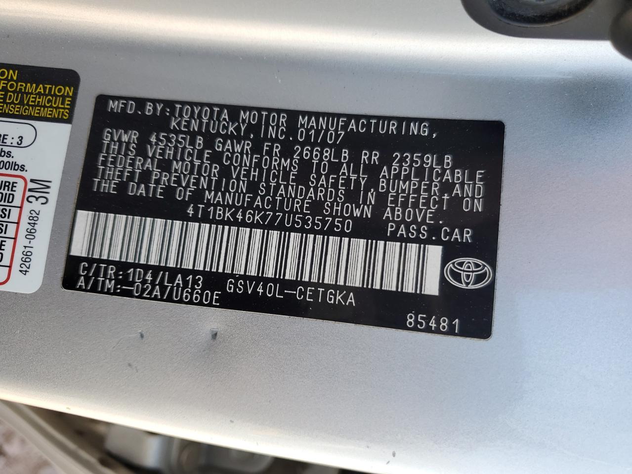 2007 Toyota Camry Le VIN: 4T1BK46K77U535750 Lot: 57135375