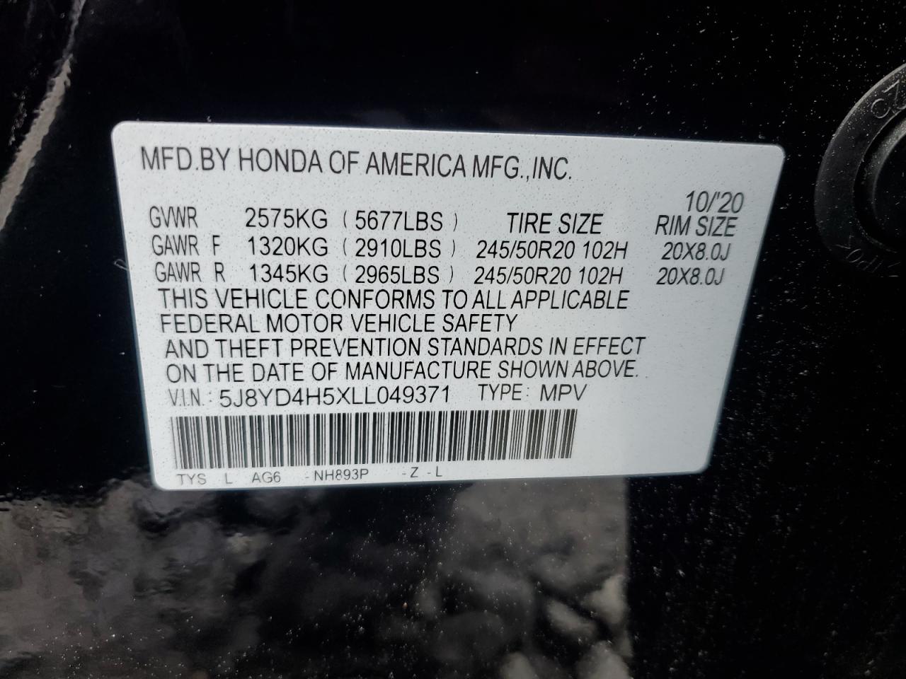 2020 Acura Mdx Technology VIN: 5J8YD4H5XLL049371 Lot: 58193405