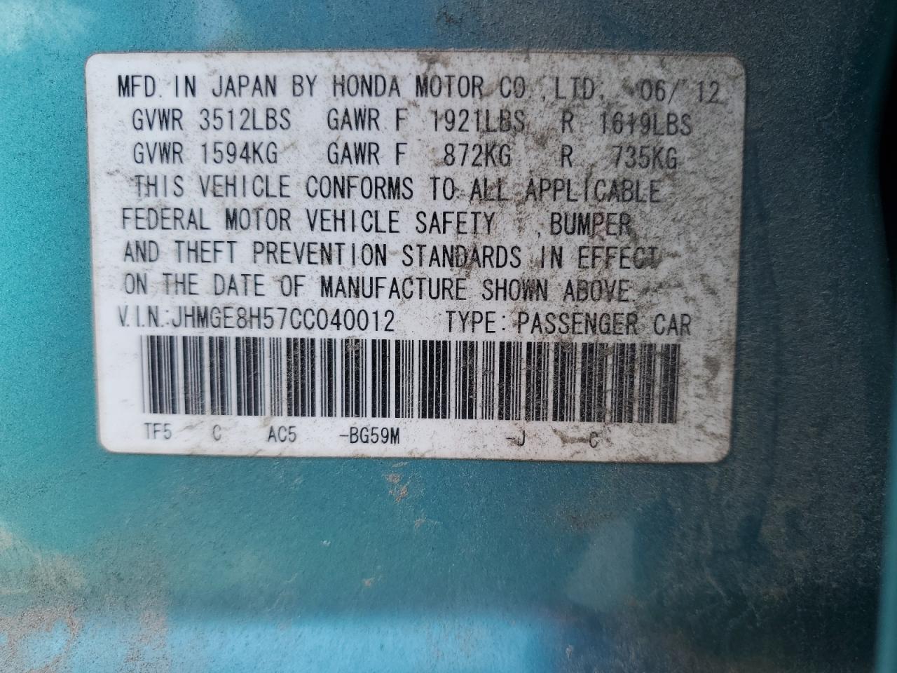 2012 Honda Fit Sport VIN: JHMGE8H57CC040012 Lot: 55620325