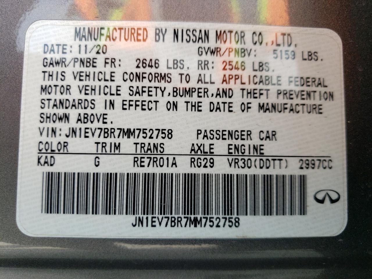 2021 Infiniti Q50 Luxe VIN: JN1EV7BR7MM752758 Lot: 55964125
