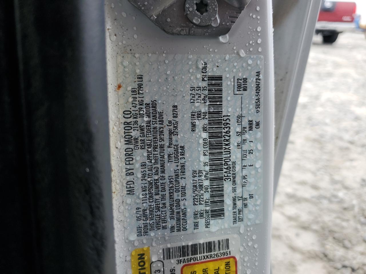 2019 Ford Fusion Se VIN: 3FA6P0LUXKR263951 Lot: 54030325