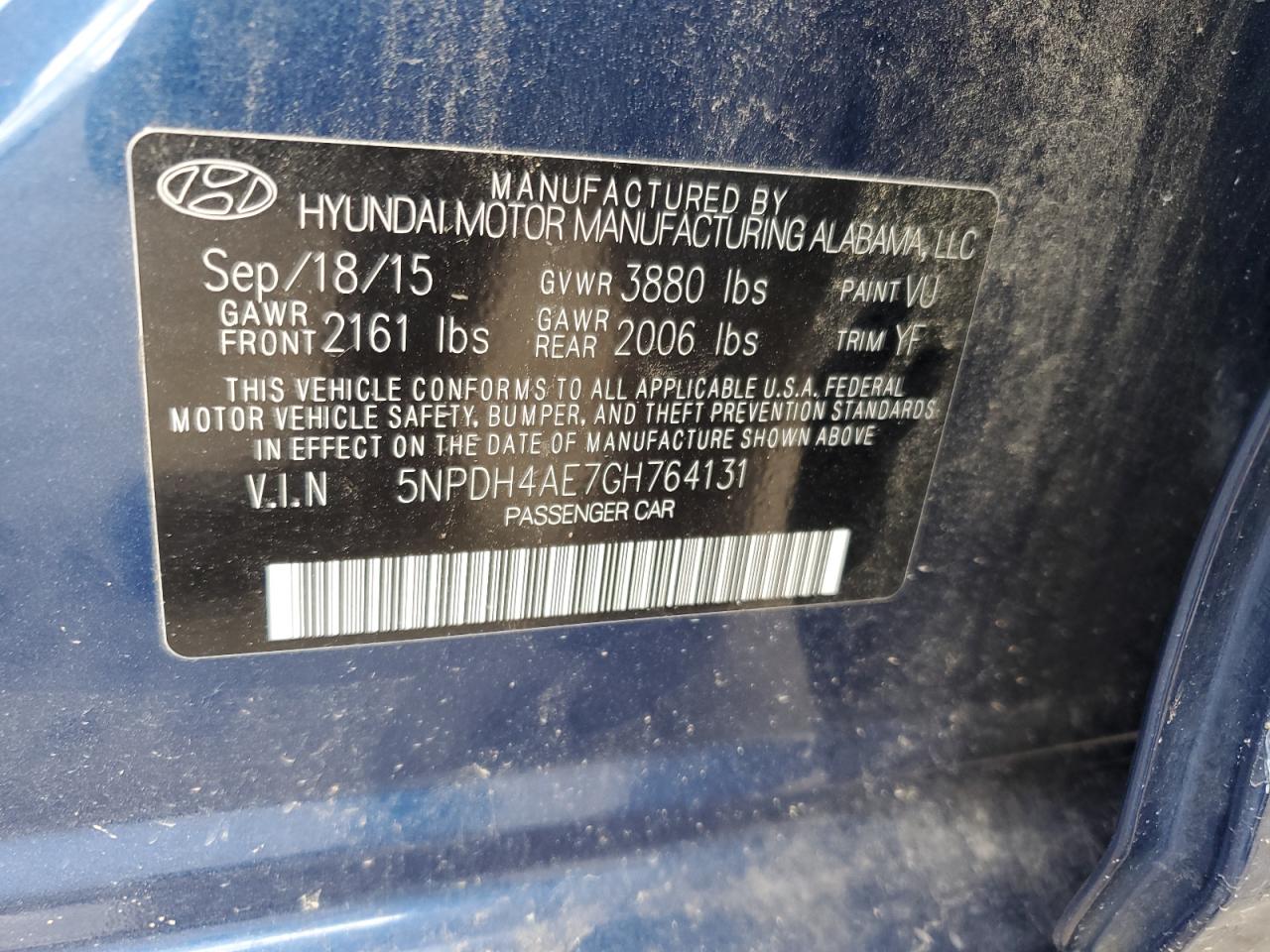 2016 Hyundai Elantra Se VIN: 5NPDH4AE7GH764131 Lot: 56663305