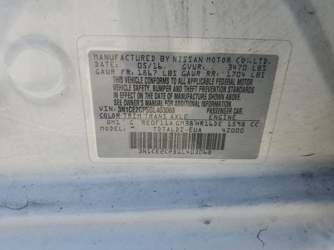 2016 Nissan Versa Note S VIN: 3N1CE2CP5GL403068 Lot: 56868545