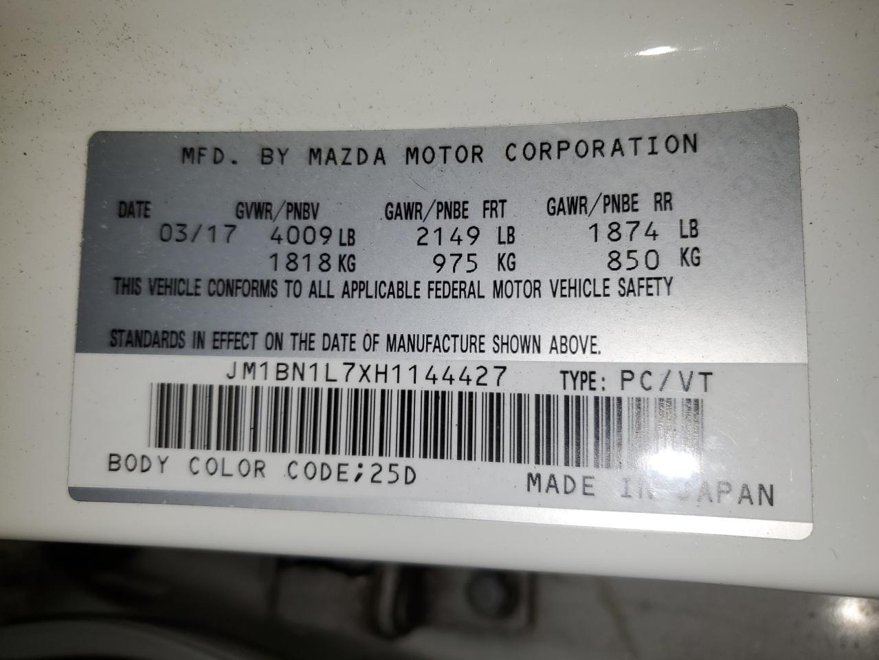 2017 Mazda 3 Touring VIN: JM1BN1L7XH1144427 Lot: 56409185