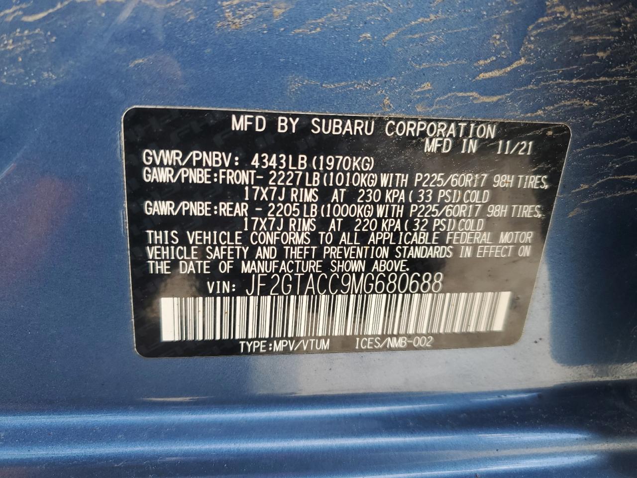 2021 Subaru Crosstrek Premium VIN: JF2GTACC9MG680688 Lot: 55257375