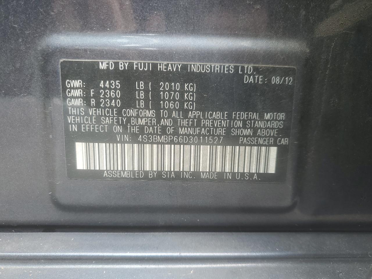 2013 Subaru Legacy 2.5I Limited VIN: 4S3BMBP66D3011527 Lot: 59013955