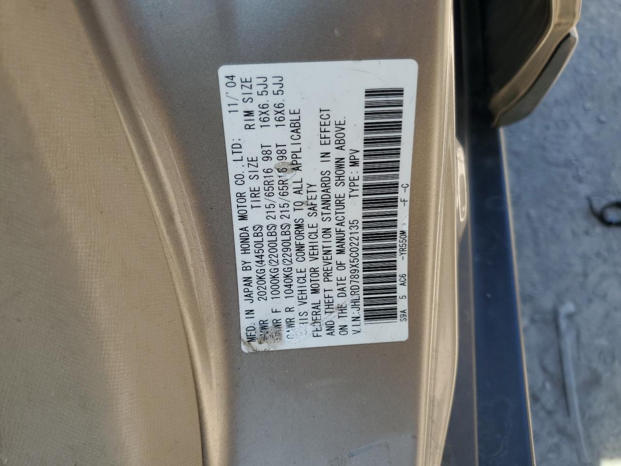 2005 Honda Cr-V Se VIN: JHLRD789X5C022135 Lot: 56324925