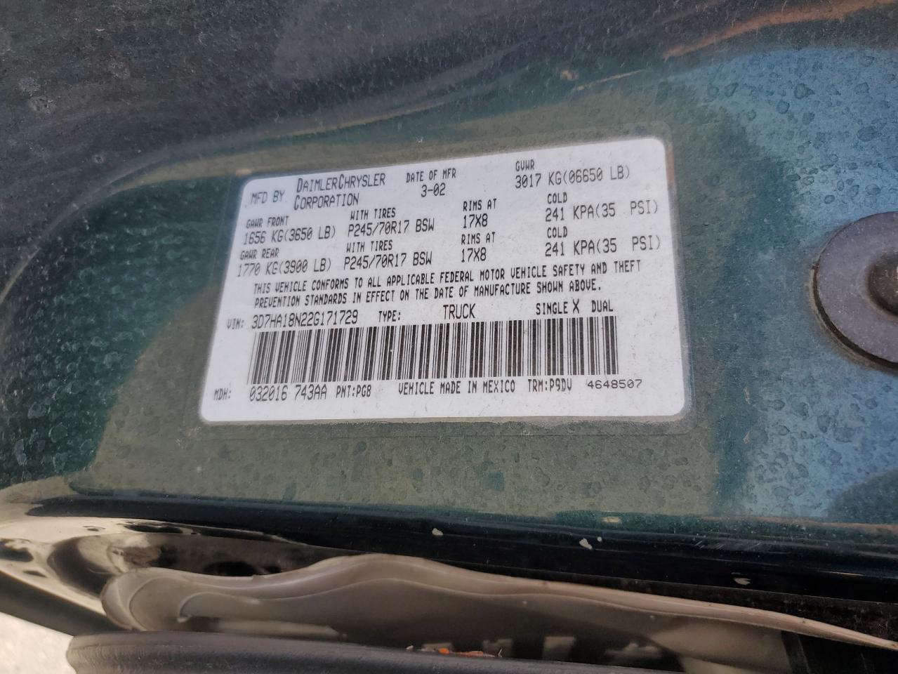 2002 Dodge Ram 1500 VIN: 3D7HA18N22G171729 Lot: 56913675