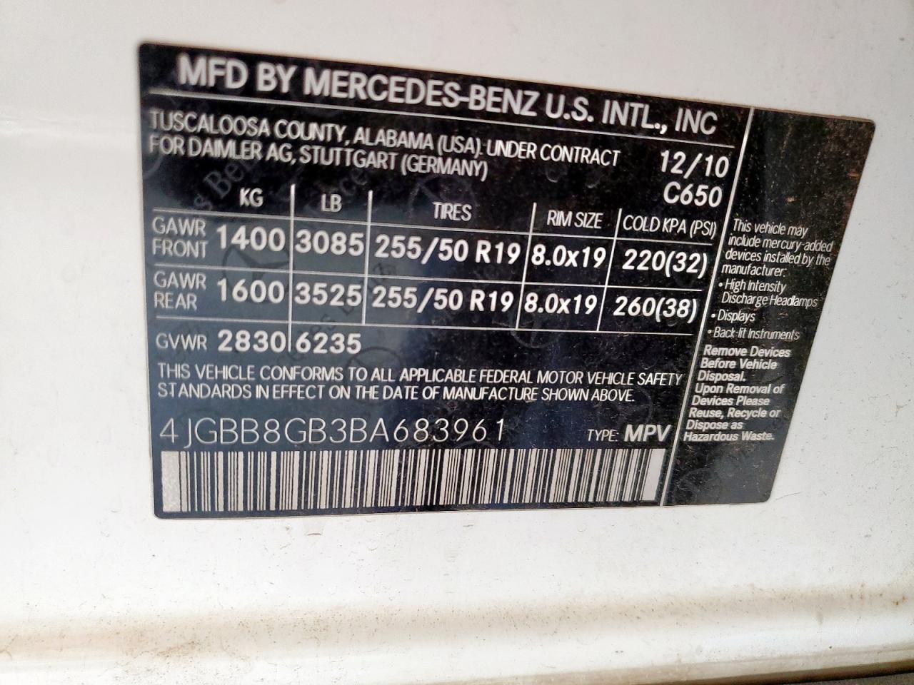2011 Mercedes-Benz Ml 350 4Matic VIN: 4JGBB8GB3BA683961 Lot: 56972675