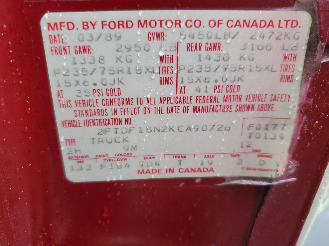 1989 Ford F150 VIN: 2FTDF15N2KCA90726 Lot: 55612495
