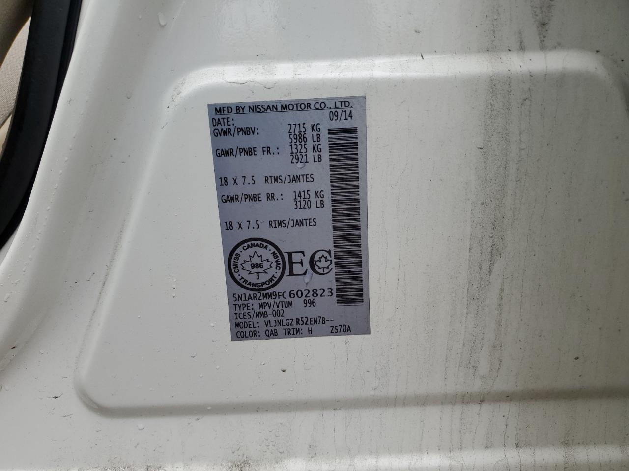 2015 Nissan Pathfinder S VIN: 5N1AR2MM9FC602823 Lot: 56678085