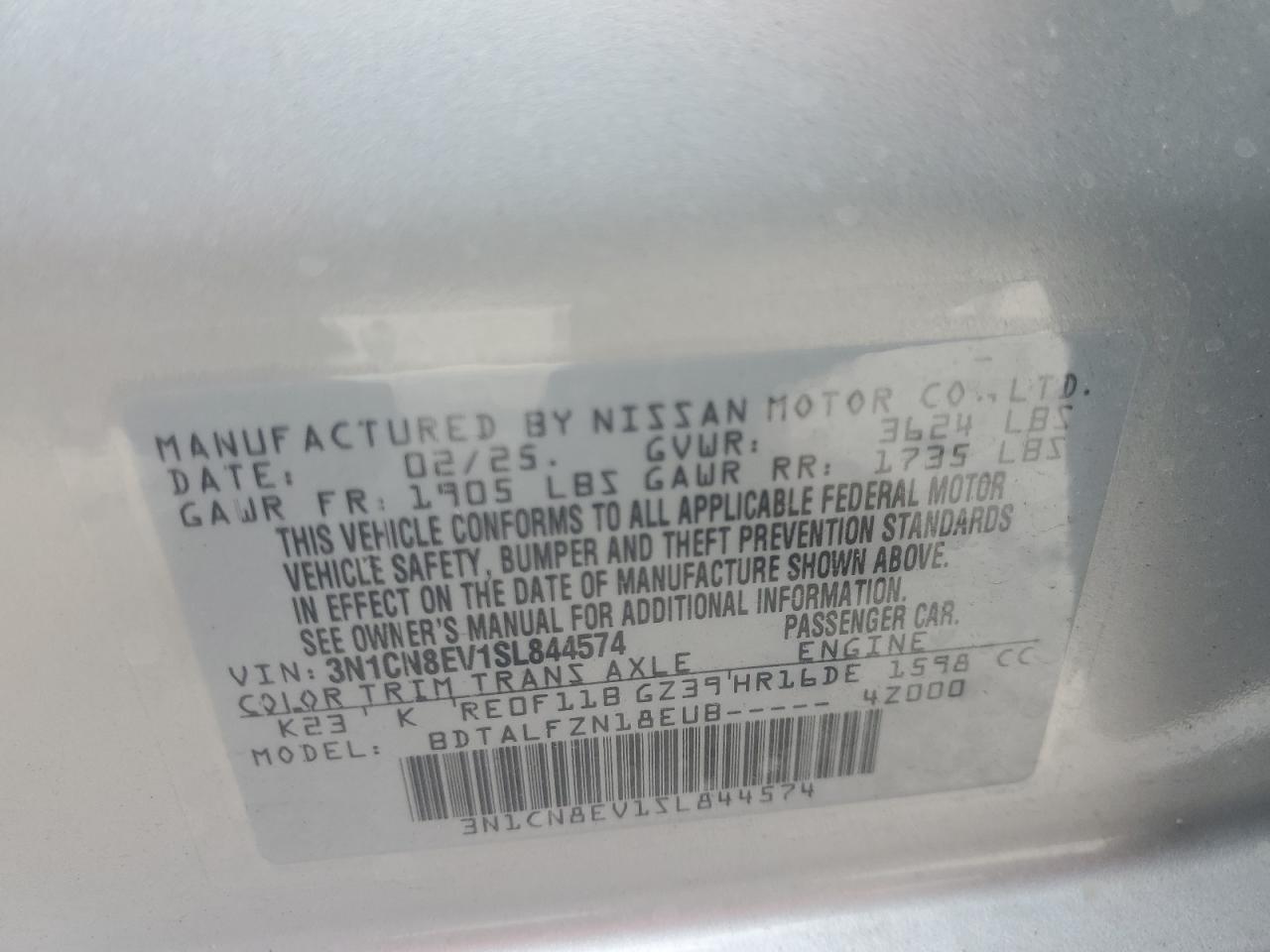 2025 Nissan Versa Sv VIN: 3N1CN8EV1SL844574 Lot: 55489835