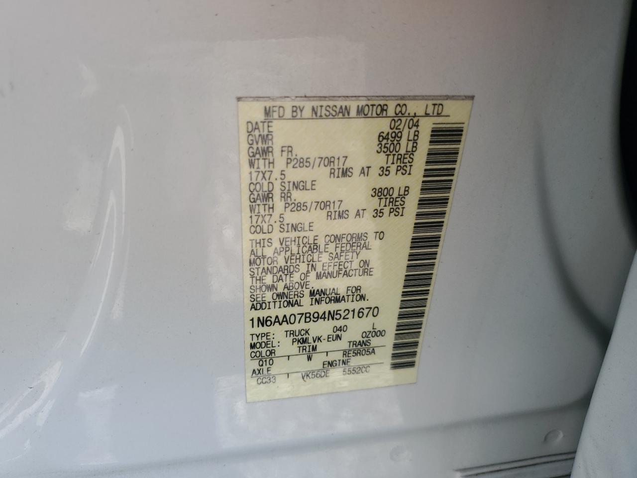 2004 Nissan Titan Xe VIN: 1N6AA07B94N521670 Lot: 57793255